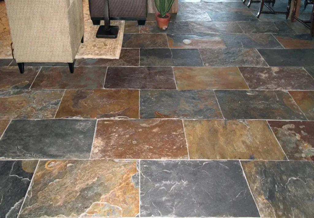 Natural stone, example of slate flooring. Polli Construction installs natural stone flooring