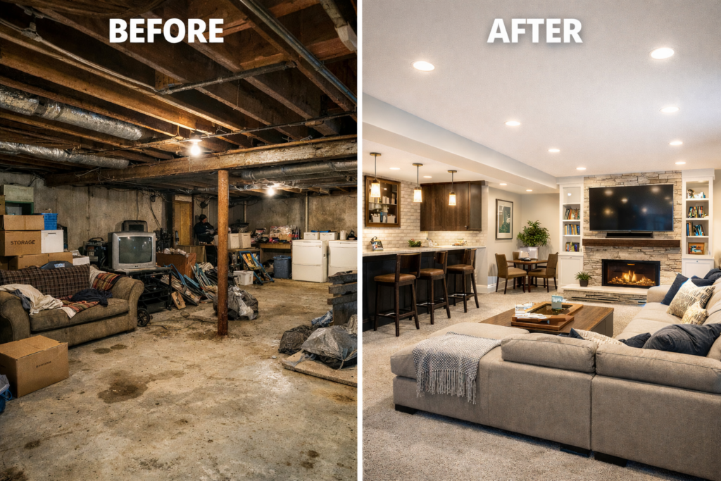 Basement remodel before and after