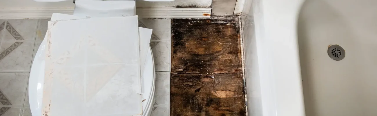 Bathroom,Interior,,Toilet,,Tub,,And,Water,Damaged,Subfloor,Under,Linoleum